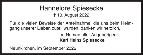Traueranzeige von Hannelore Spiesecke von Siegener Zeitung