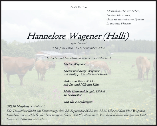 Traueranzeige von Hannelore Wagener von Siegener Zeitung