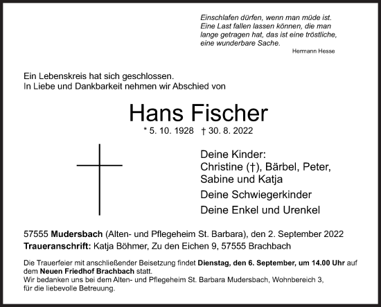 Traueranzeige von Hans Fischer von Siegener Zeitung