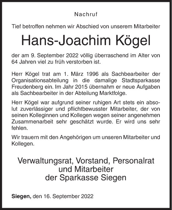 Traueranzeige von Hans-Joachim Kögel von Siegener Zeitung