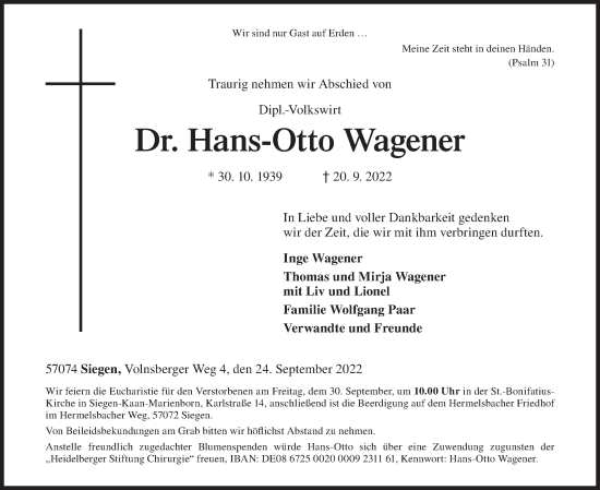 Traueranzeige von Hans-Otto Wagener von Siegener Zeitung