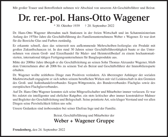 Traueranzeige von Hans-Otto Wagener von Siegener Zeitung