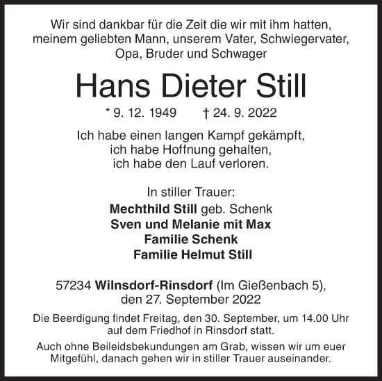 Traueranzeige von Hans Dieter Still von Siegener Zeitung