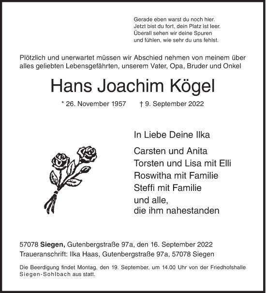 Traueranzeige von Hans Joachim Kögel von Siegener Zeitung