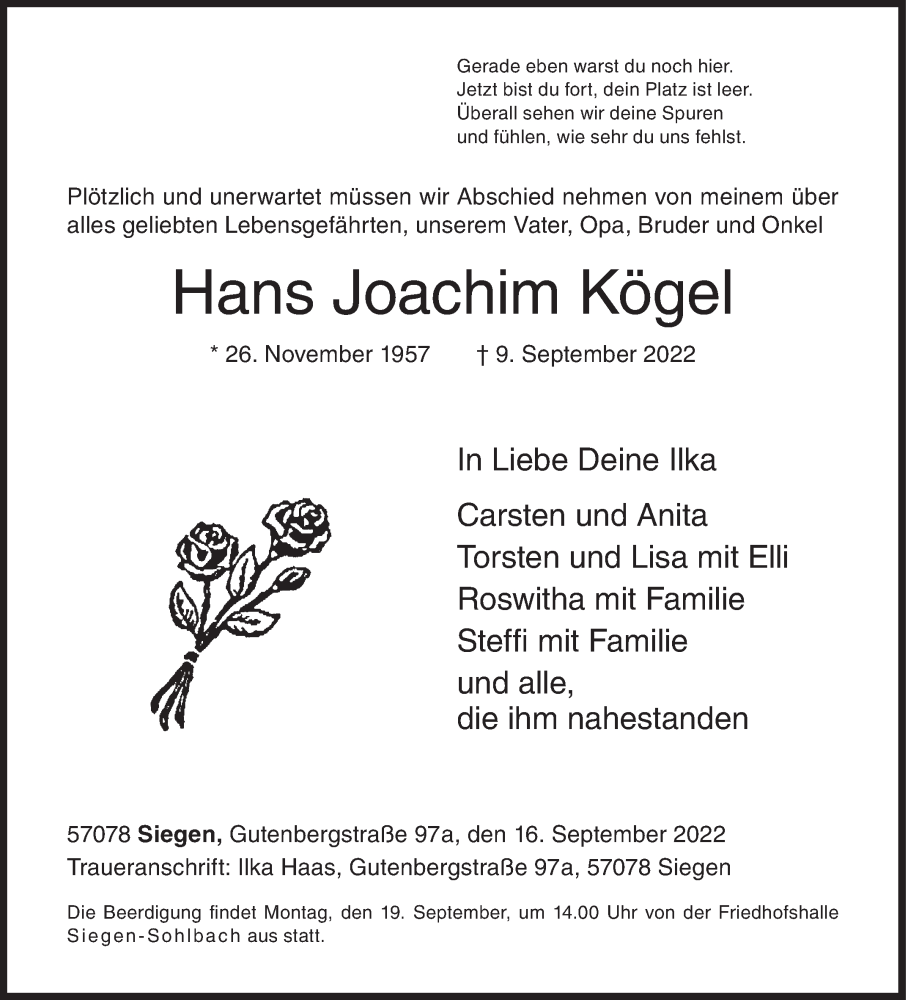  Traueranzeige für Hans Joachim Kögel vom 16.09.2022 aus Siegener Zeitung