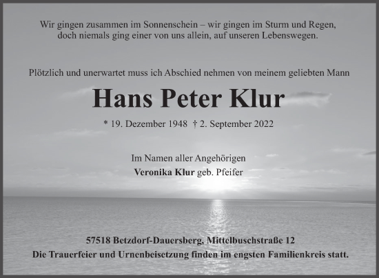 Traueranzeige von Hans Peter Klur von Siegener Zeitung