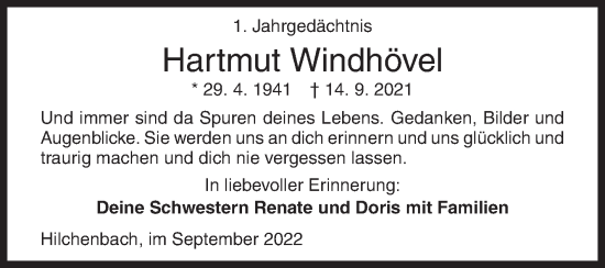 Traueranzeige von Hartmut Windhövel von Siegener Zeitung