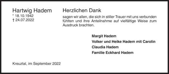 Traueranzeige von Hartwig Hadern von Siegener Zeitung