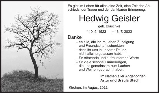 Traueranzeige von Hedwig Geisler von Siegener Zeitung