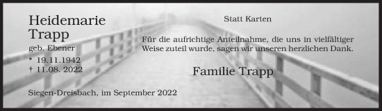 Traueranzeige von Heidemarie Trapp von Siegener Zeitung