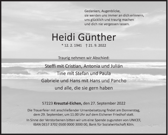 Traueranzeige von Heidi Günther von Siegener Zeitung