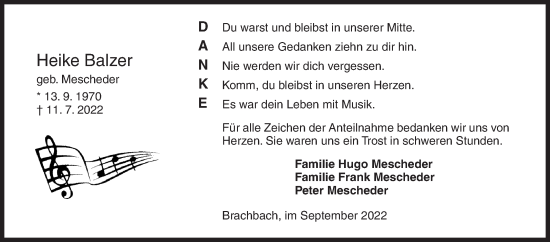 Traueranzeige von Heike Balzer von Siegener Zeitung