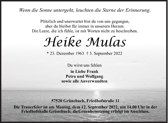 Traueranzeige von Heike Mulas von Siegener Zeitung