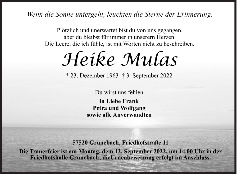  Traueranzeige für Heike Mulas vom 07.09.2022 aus Siegener Zeitung