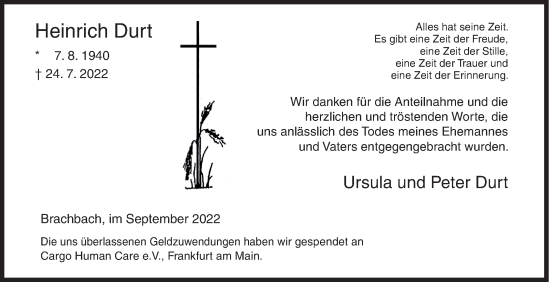 Traueranzeige von Heinrich Durt von Siegener Zeitung