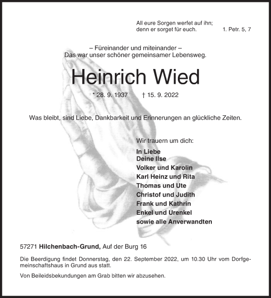 Traueranzeige von Heinrich Wied von Siegener Zeitung