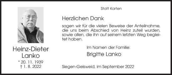 Traueranzeige von Heinz-Dieter Lanko von Siegener Zeitung