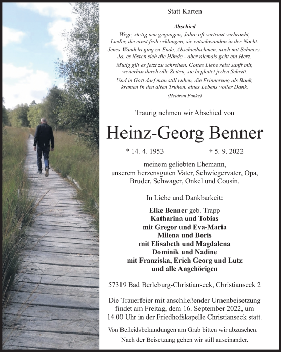 Traueranzeige von Heinz-Georg Benner von Siegener Zeitung