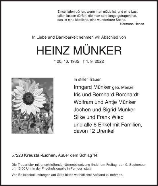 Traueranzeige von Heinz Münker von Siegener Zeitung