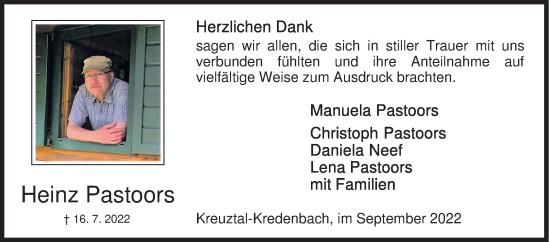Traueranzeige von Heinz Pastoors von Siegener Zeitung
