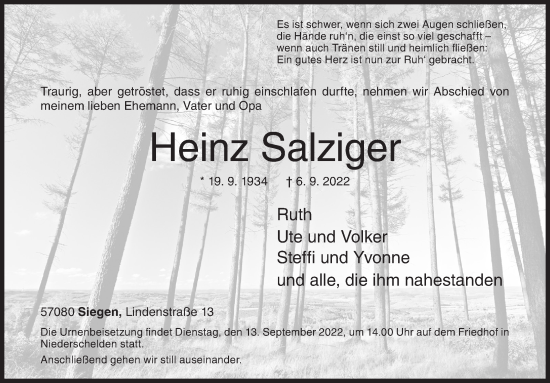 Traueranzeige von Heinz Salziger von Siegener Zeitung