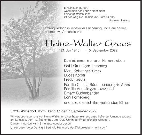 Traueranzeige von Heinz-Walter Groos von Siegener Zeitung