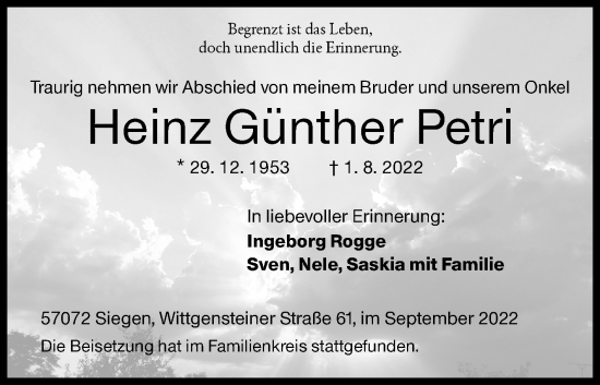 Traueranzeige von Heinz Günther Petri von Siegener Zeitung