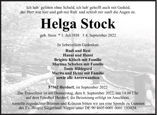 Traueranzeige von Helga Stock von Siegener Zeitung
