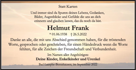 Traueranzeige von Helmut Frank von Siegener Zeitung