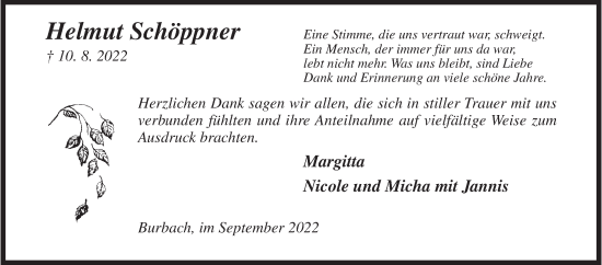 Traueranzeige von Helmut Schöppner von Siegener Zeitung