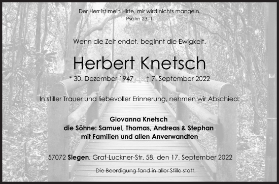 Traueranzeige von Herbert Knetsch von Siegener Zeitung