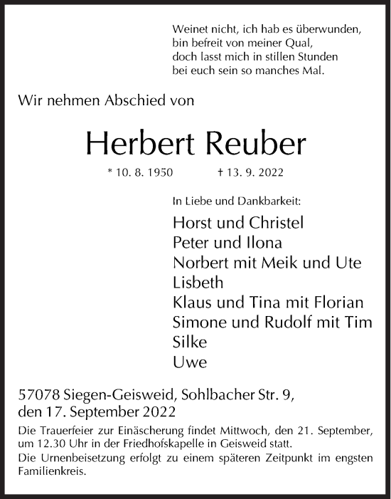 Traueranzeige von Herbert Reuber von Siegener Zeitung
