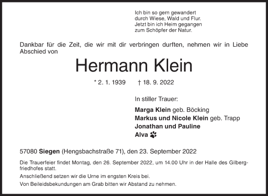 Traueranzeige von Hermann Klein von Siegener Zeitung