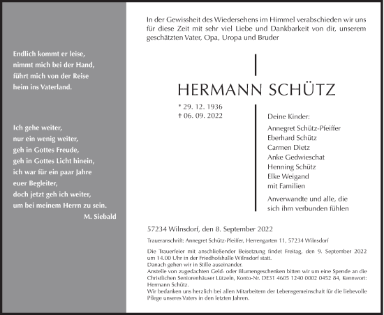 Traueranzeige von Hermann Schütz von Siegener Zeitung
