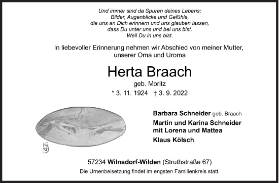 Traueranzeige von Herta Braach von Siegener Zeitung