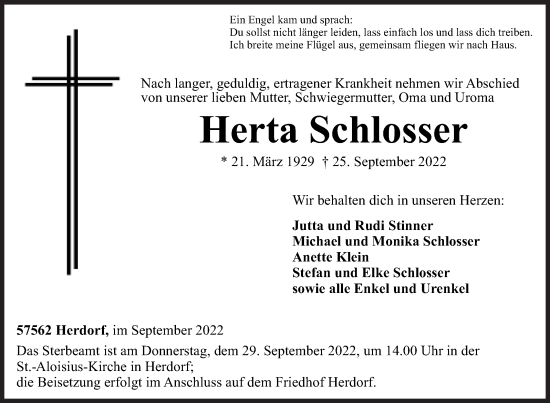 Traueranzeige von Herta Schlosser von Siegener Zeitung