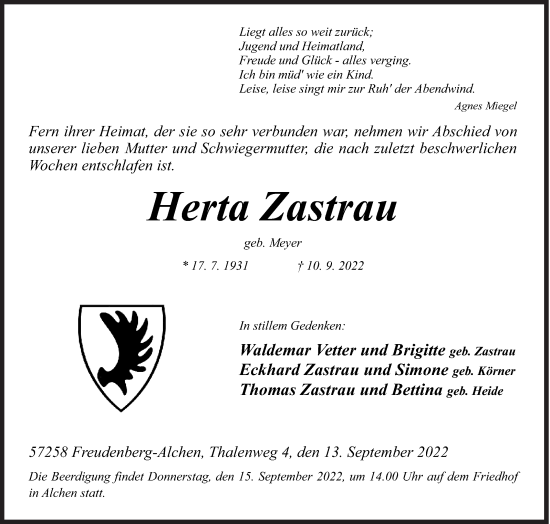 Traueranzeige von Herta Zastrau von Siegener Zeitung