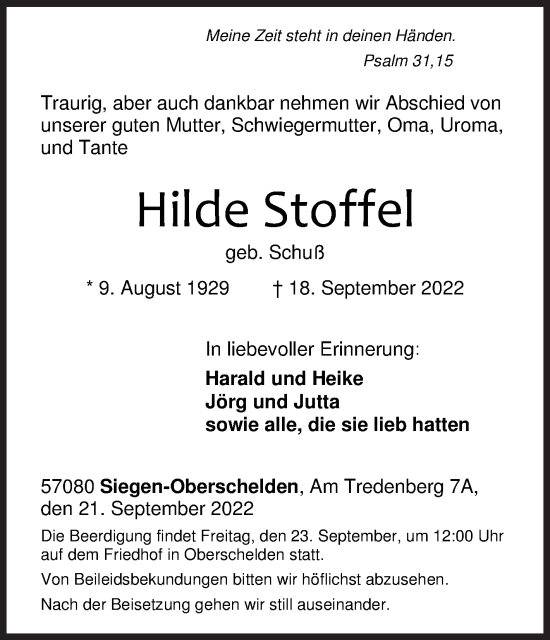 Traueranzeige von Hilde Stoffel von Siegener Zeitung