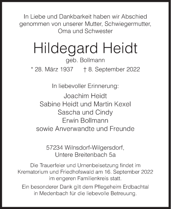 Traueranzeige von Hildegard Heidt von Siegener Zeitung