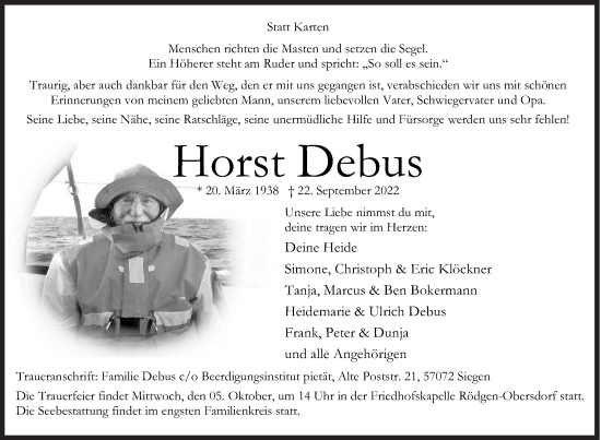 Traueranzeige von Horst Debus von Siegener Zeitung