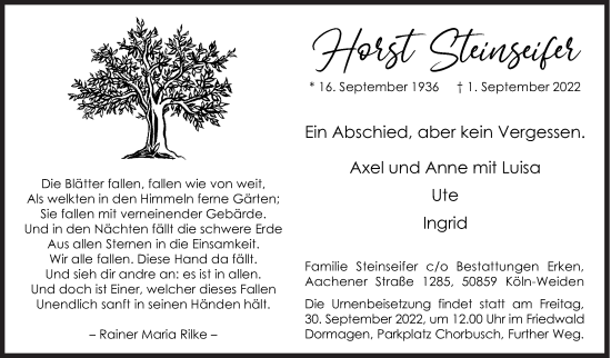 Traueranzeige von Horst Steinseifer von Siegener Zeitung