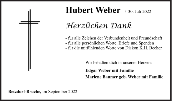 Traueranzeige von Hubert Weber von Siegener Zeitung