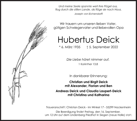 Traueranzeige von Hubertus Deick von Siegener Zeitung