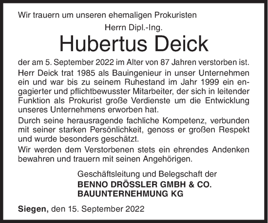 Traueranzeige von Hubertus Deick von Siegener Zeitung
