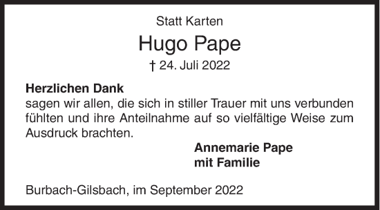 Traueranzeige von Hugo Pape von Siegener Zeitung