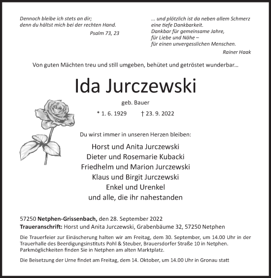 Traueranzeige von Ida Jurczewski von Siegener Zeitung