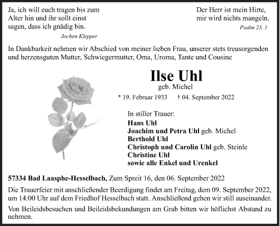 Traueranzeige von Ilse Uhl von Siegener Zeitung