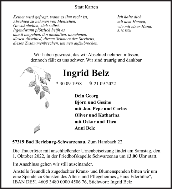 Traueranzeige von Ingrid Belz von Siegener Zeitung
