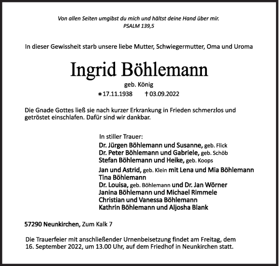 Traueranzeige von Ingrid Böhlemann von Siegener Zeitung