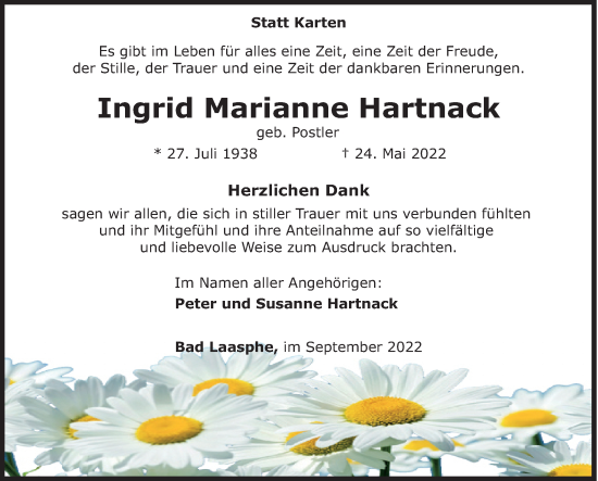 Traueranzeige von Ingrid Marianne Hartnack von Siegener Zeitung